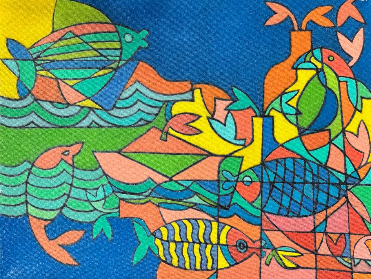 Colorful abstract painting featuring geometric fish swimming in blue and green water waves.