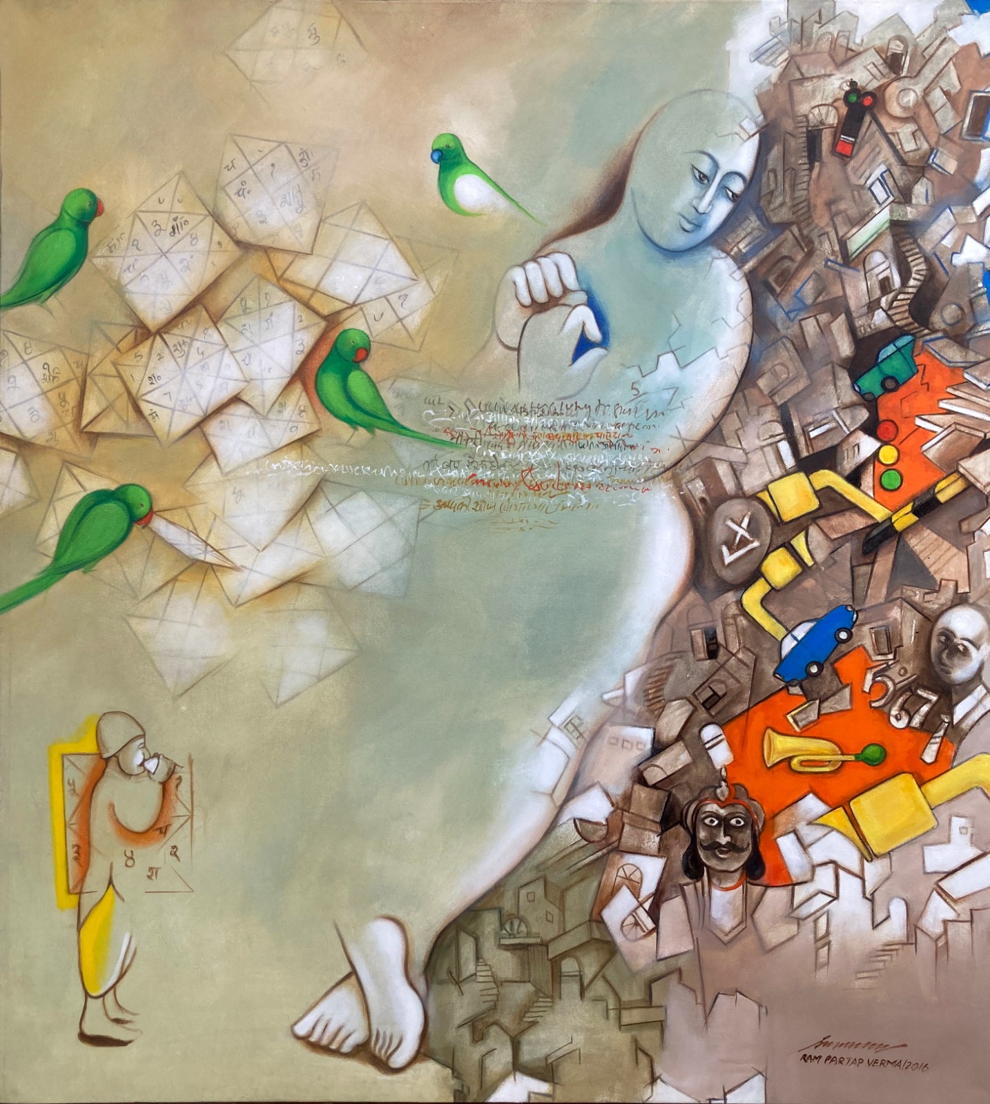 Figurative painting contrasting a reclining human form with parrots and abstract geometric and urban chaos.