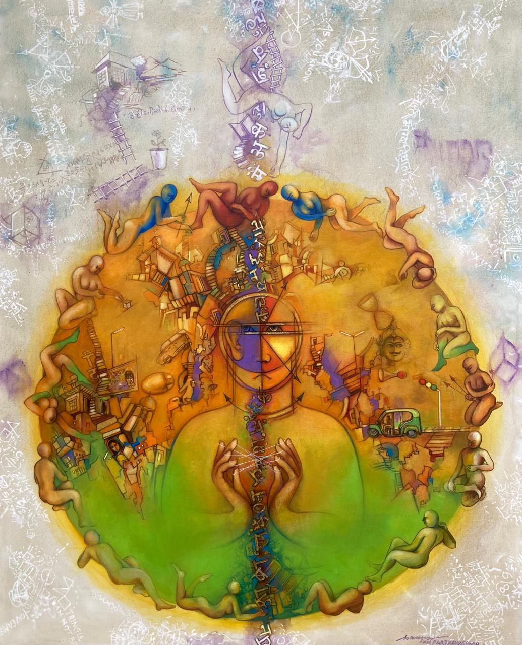 Figurative painting showing a seated figure surrounded by a complex yellow circle of human and urban elements.