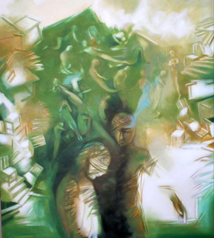 Monochromatic green abstract painting showing two figures against a backdrop of swirling crowds and structures.