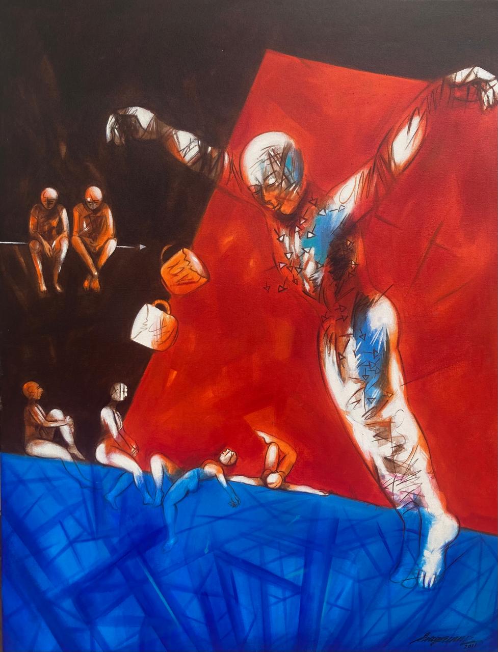 Dynamic, expressionistic painting of a figure leaping across a stark red and blue geometric background.