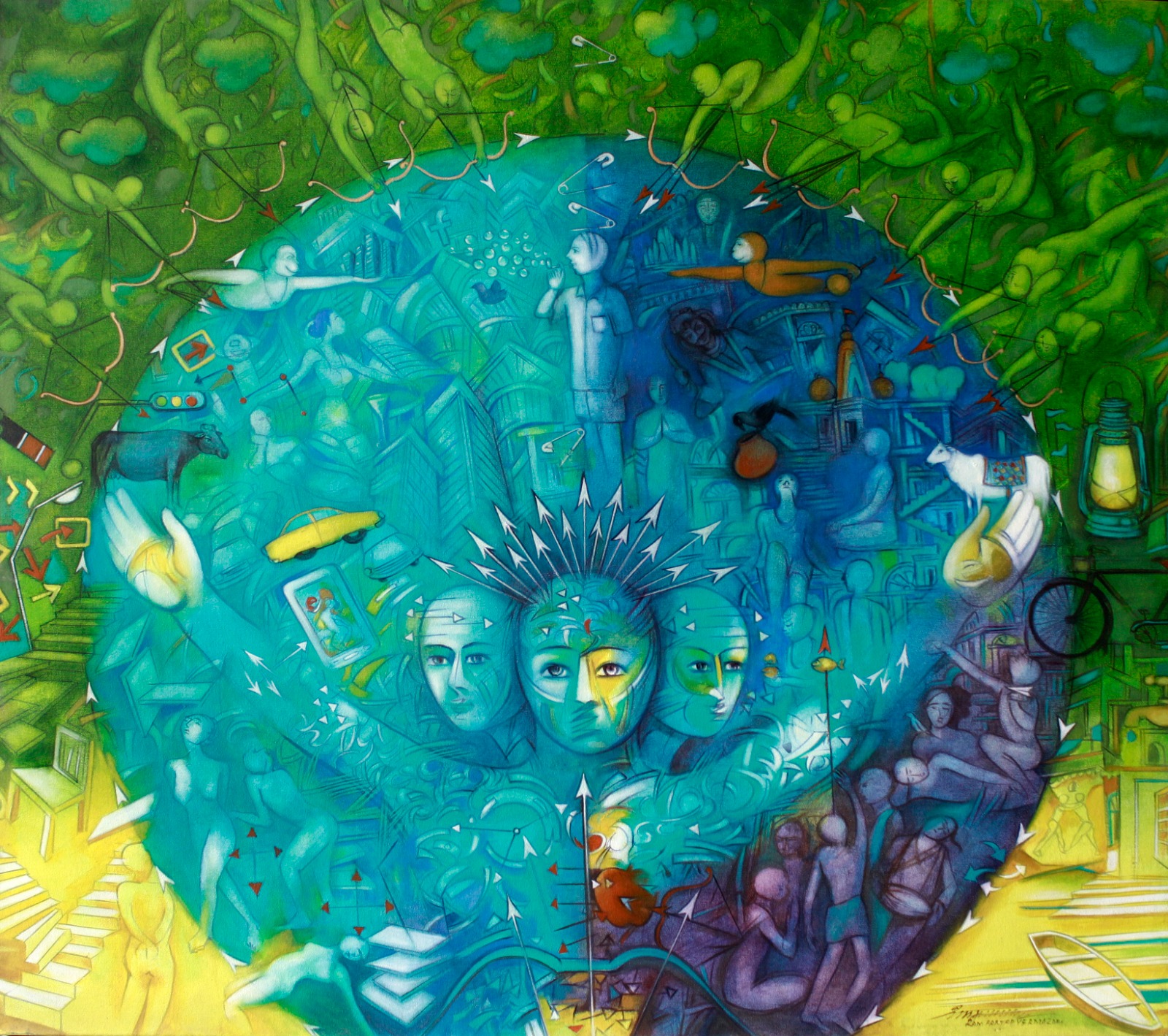 Complex symbolic painting centered on a blue-green circle filled with human faces, arrows, and figures.
