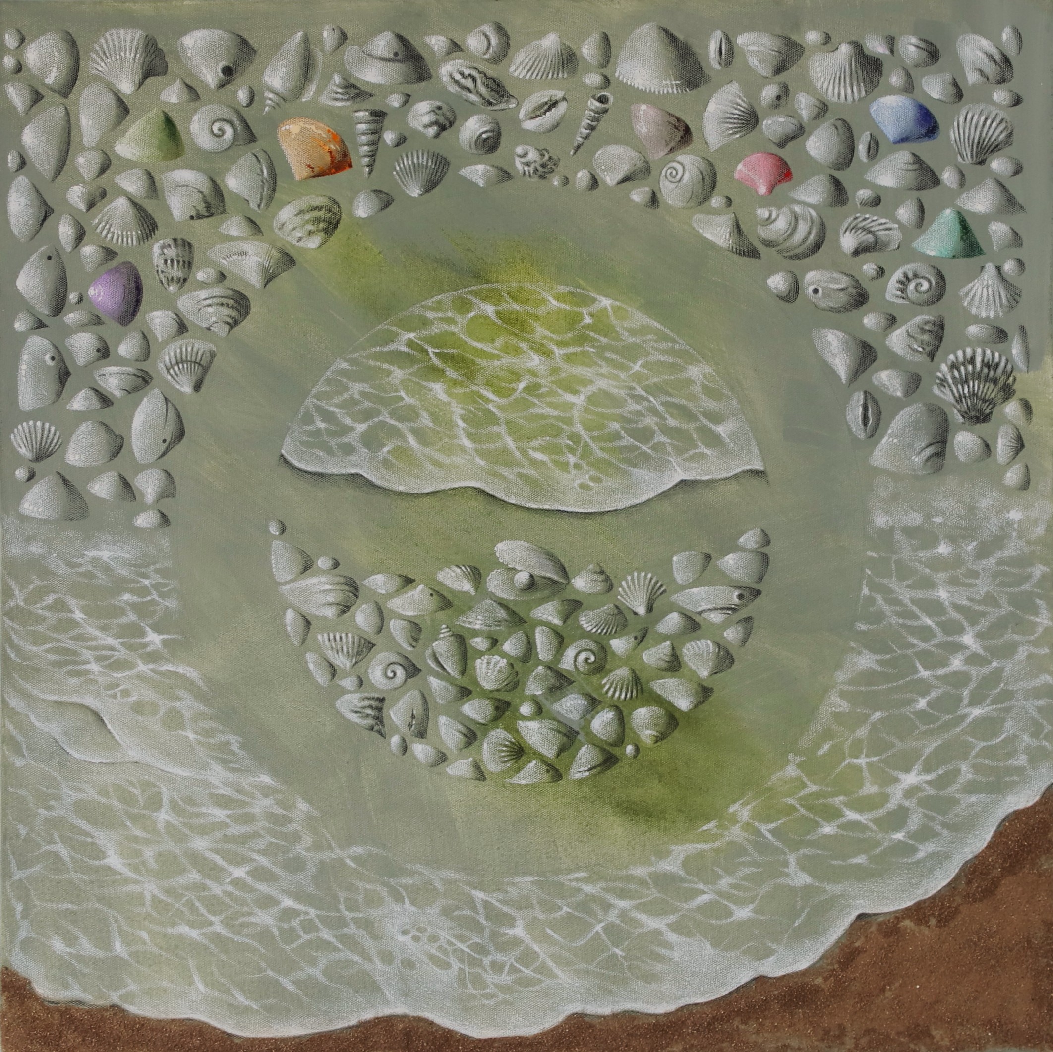 Artwork composed of many seashells arranged in a circle on a sandy beach with subtle waves.