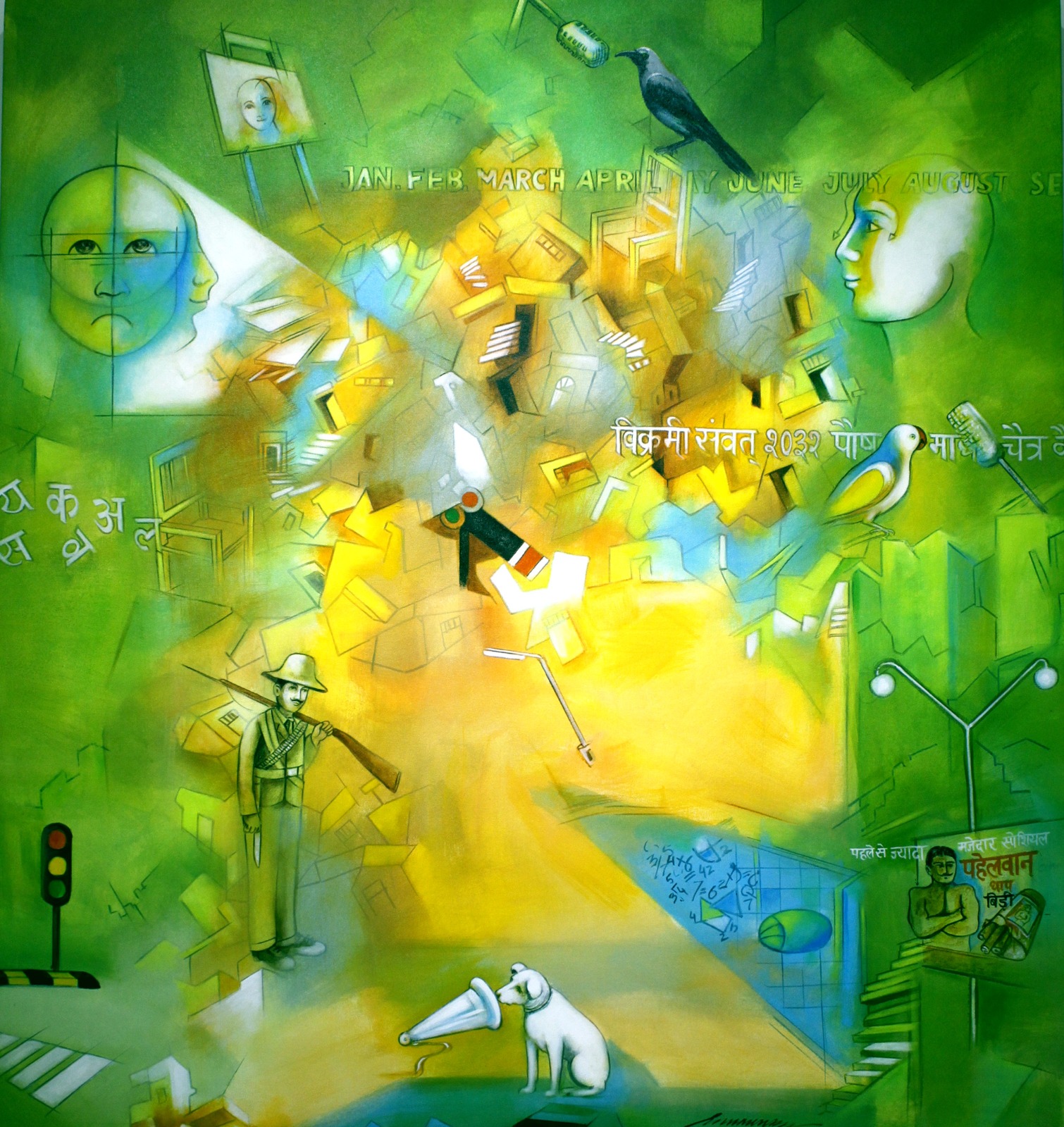 Bright green abstract painting featuring human faces, a soldier, a dog, and calendar elements.