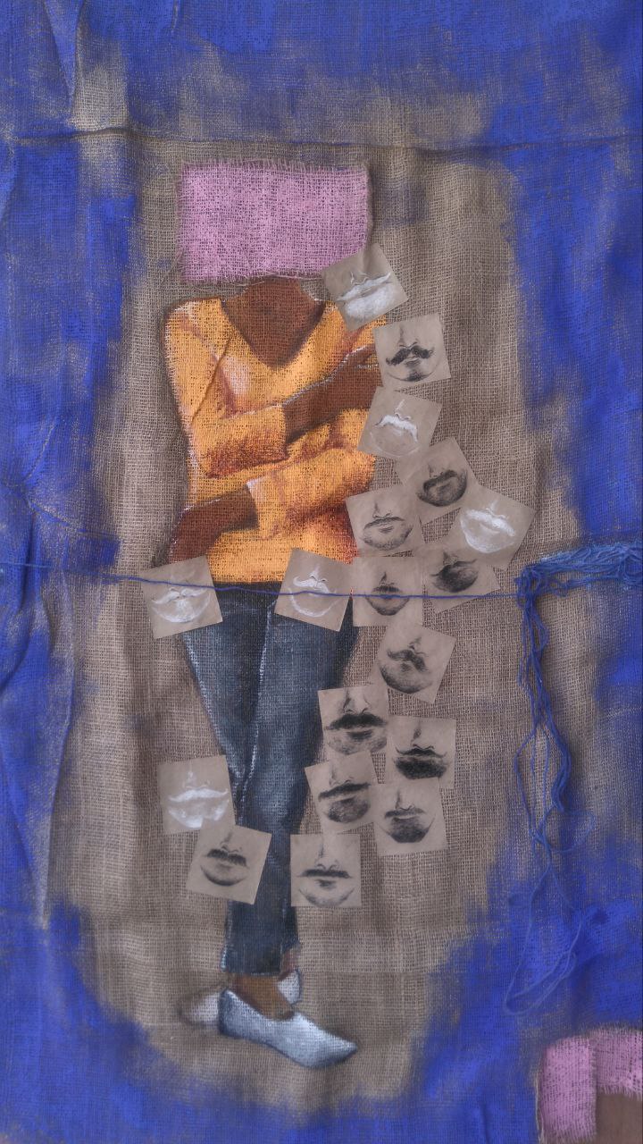 Mixed media collage on burlap showing a figure whose body is covered with photos of mouths and mustaches.