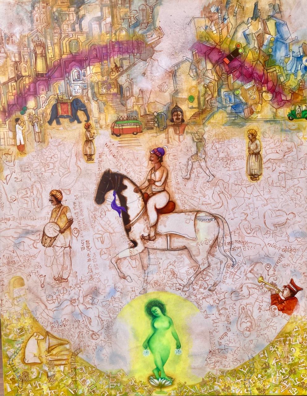 Whimsical painting depicting a rider on a white horse amidst an ancient cityscape and figures.