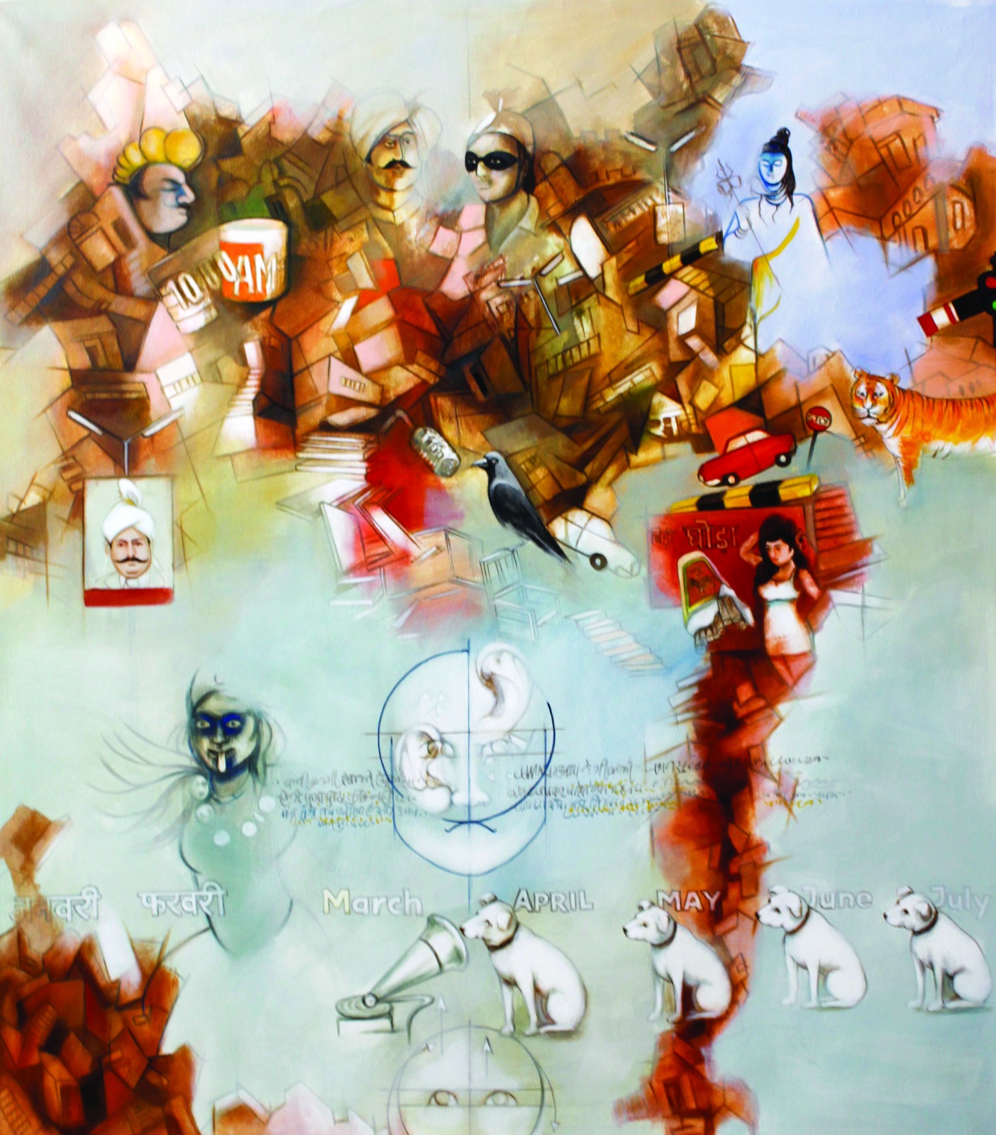 Busy abstract painting featuring figures, a tiger, dogs, a crow, and month names like March and April.